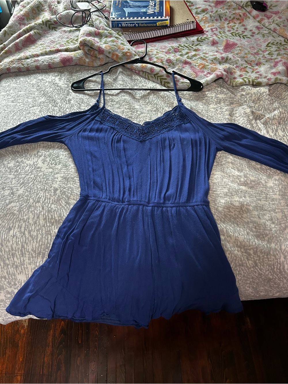 Blue Cold-Shoulder V-Neck Dress with Lace Trim